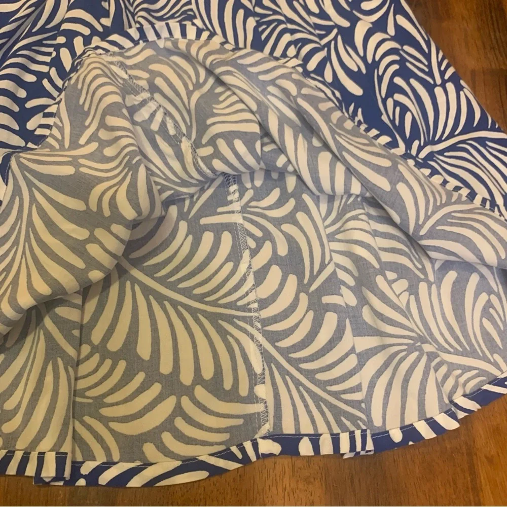 Versona Dress Medium Royal Blue White Palm Pattern Pockets Puff Sleeves